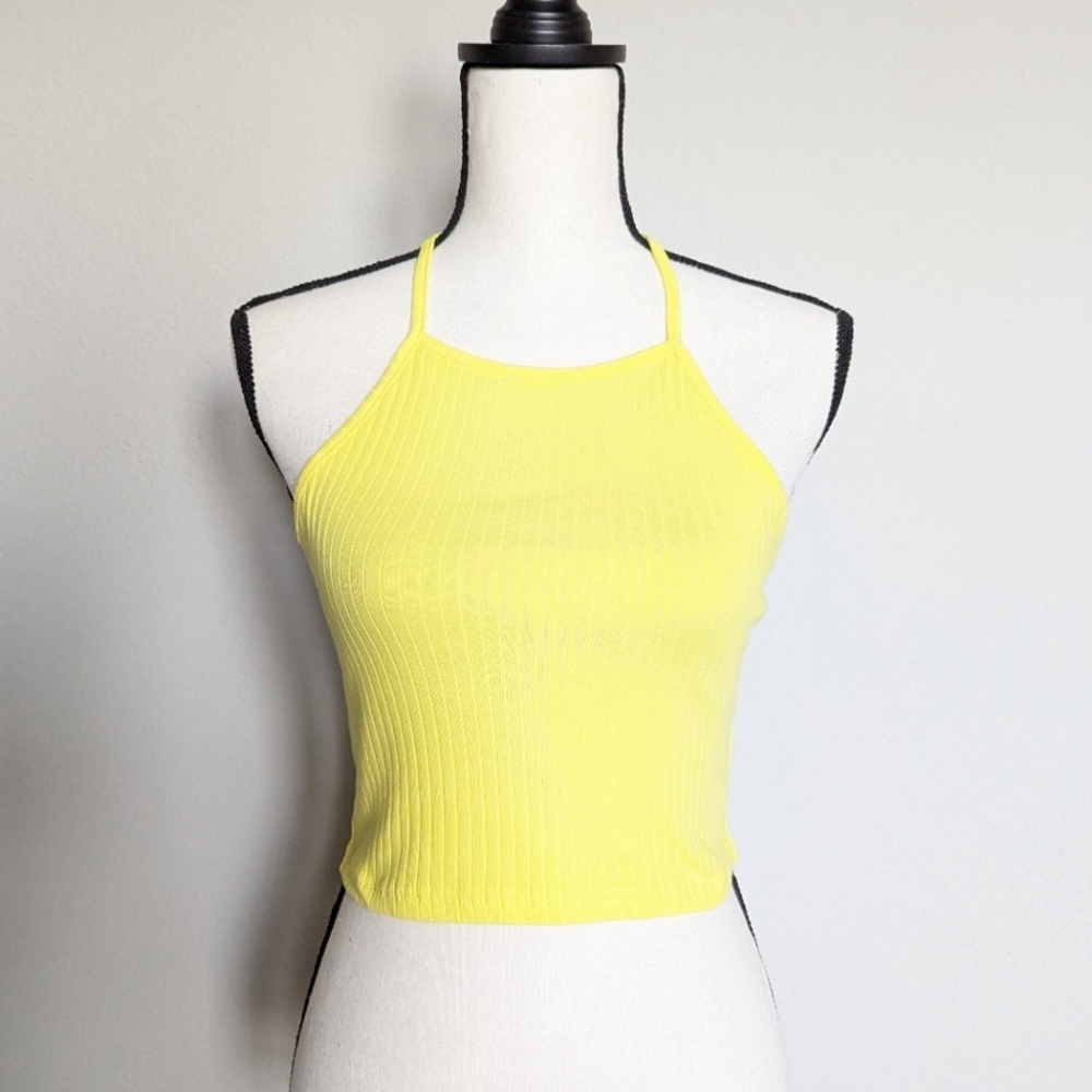 Bright Yellow ribbed halter cropped tank top size S